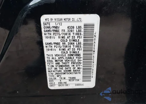 2012 Nissan Rogue S/Sv z USA, uszkodzony, nr VIN JN8AS5MT5CW279676